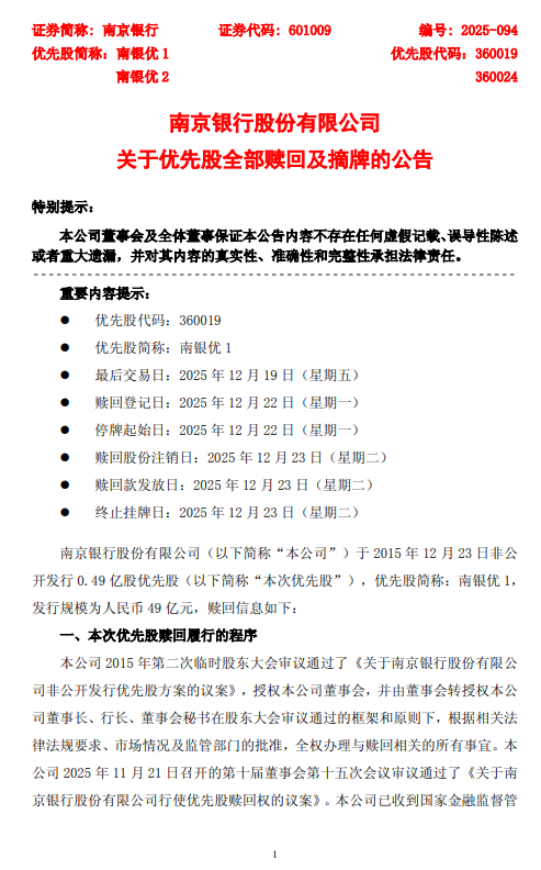 南京银行:拟于2025年12月23日全额赎回0.49亿股优先股