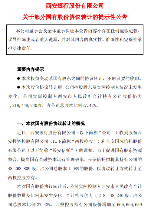 西安银行：长安信托拟协议转让1.08%股份给西投控股